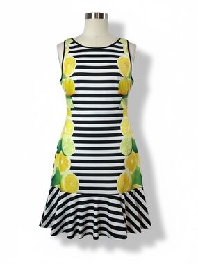 Elle Black White Striped Midi Dress with Yellow Lemon Print